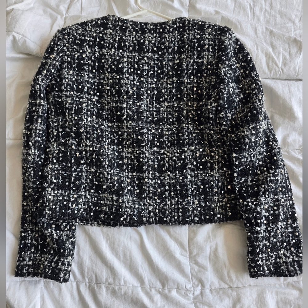 NWT Alice + Olive Black and White Tweed Peals Sequin Jacket Size S - Picture 9 of 10